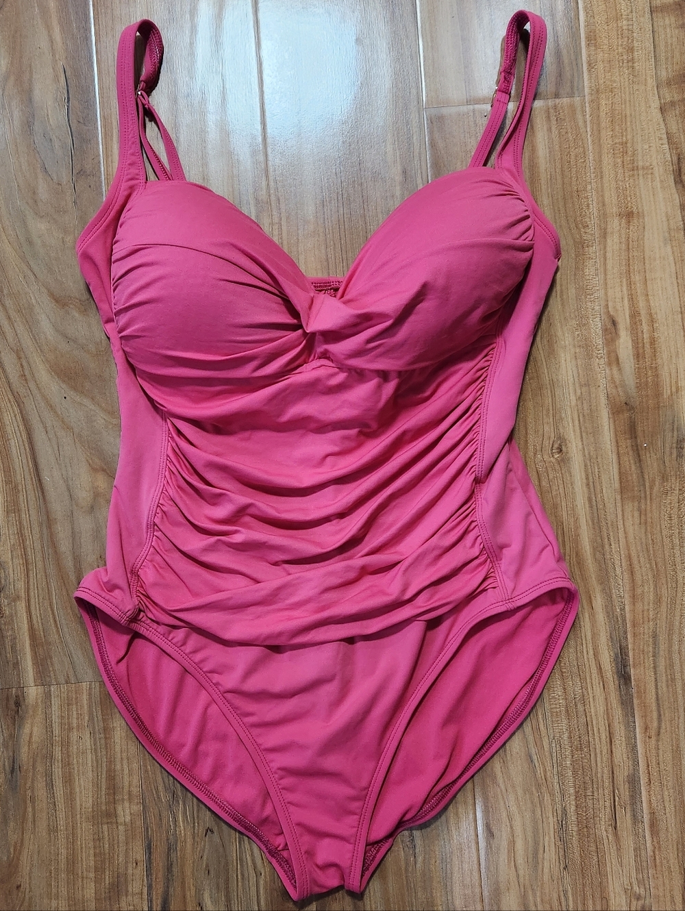 La Blanca Pink Ruched One-Piece Swimsuit Island Goddess Front Wrap Size 16